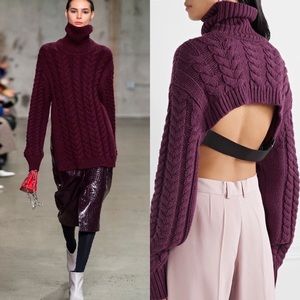 Tibi Open Back Cable Knit Roll Neck Turtleneck Longline Relaxed Backless Sweater